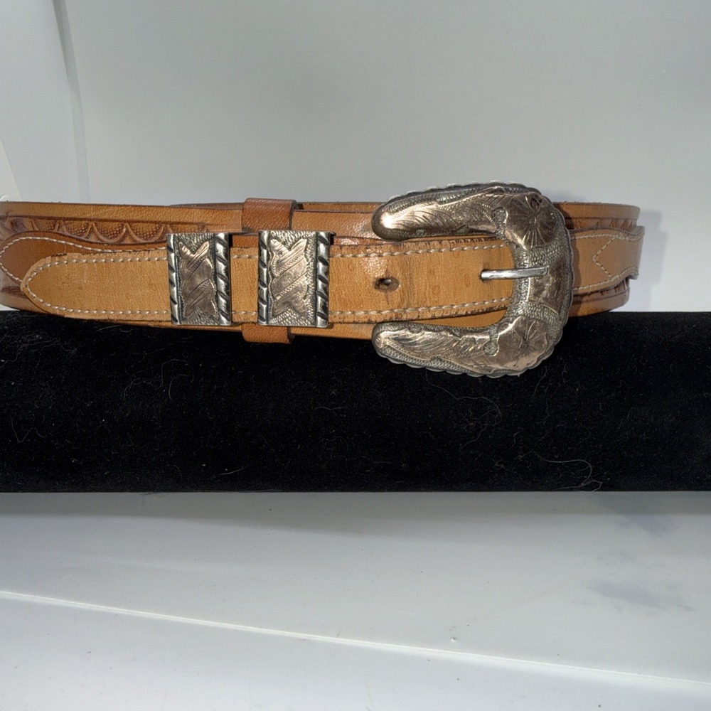 Vintage Leather Western Ranger Belt Sterling Silver Belt Buckle 4 Pieces Sz32 A8